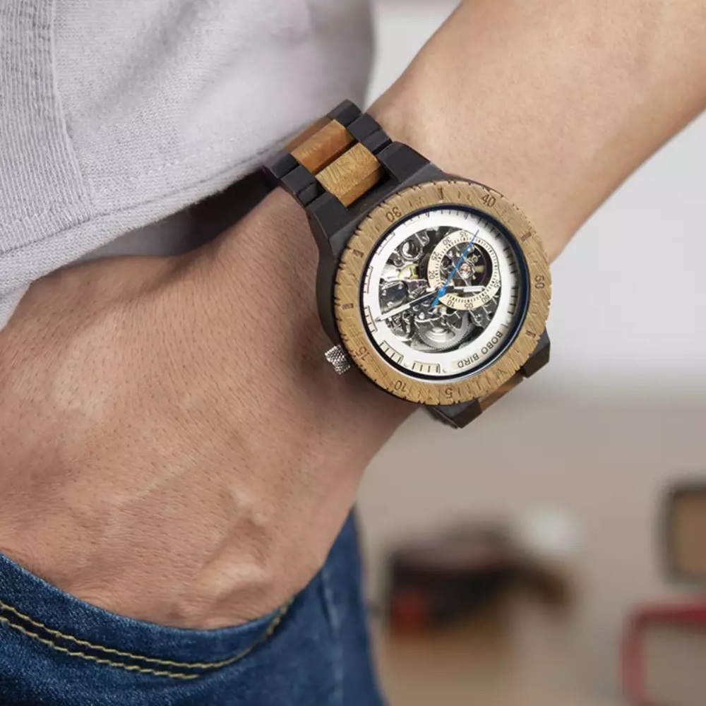 Luxury 100% Handmade Ebony and Sandalwood Automatic Kinetic Skeleton Watch - Picture 3 of 16